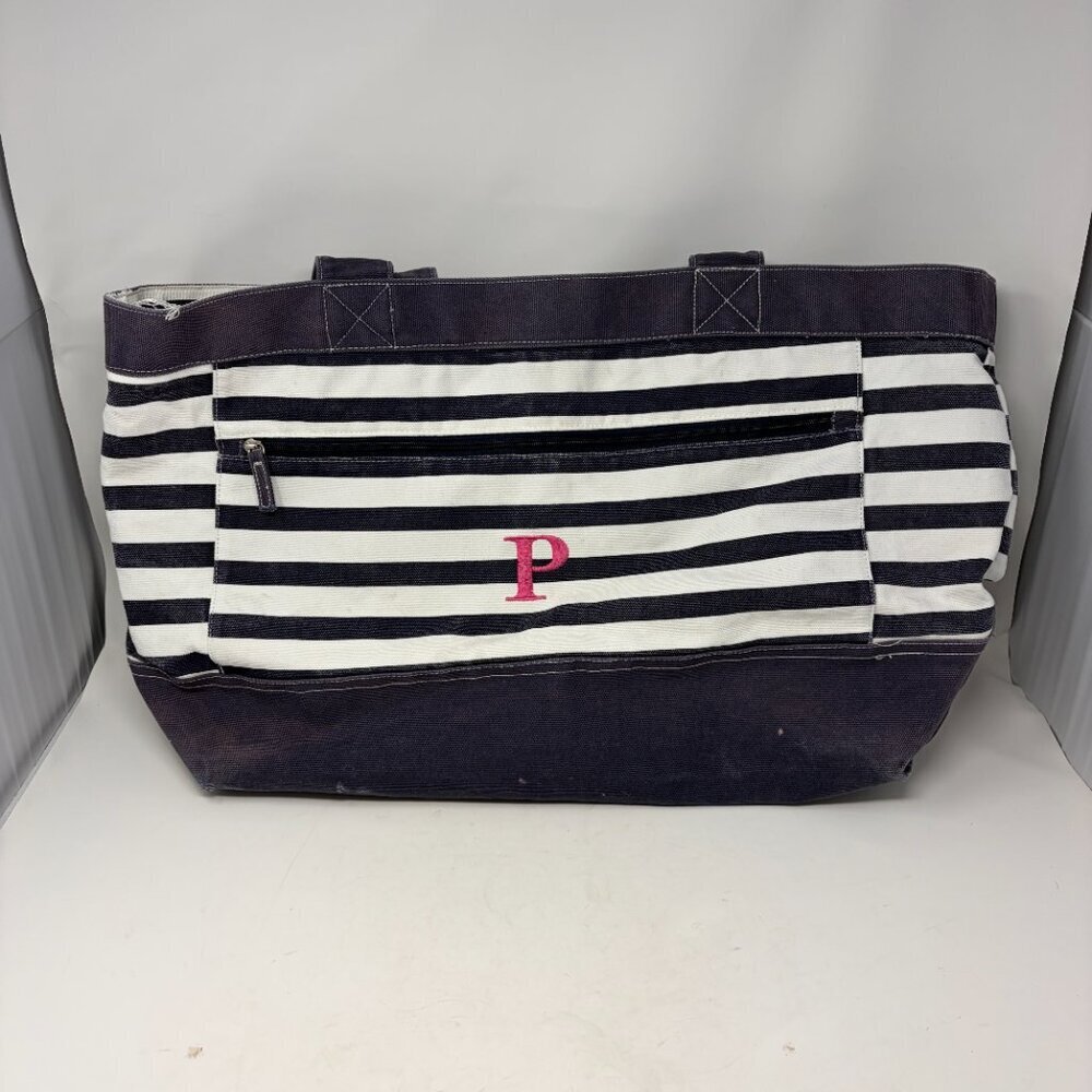 Pottery Barn Kids tote bag large blue white stripe preppy P pink monogram cotton